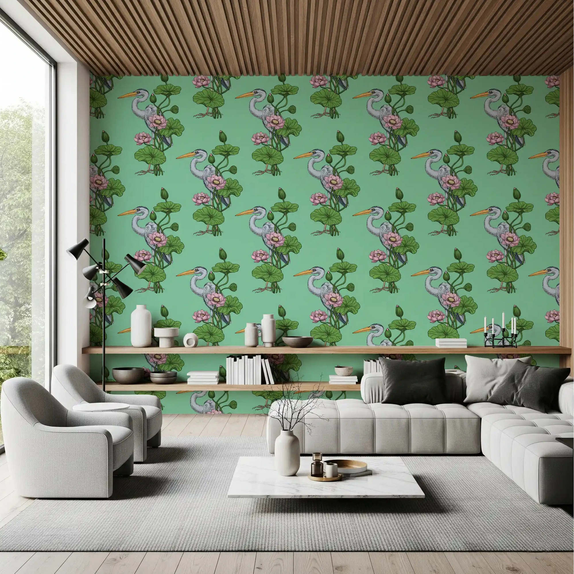 Herons and pink lotus liven a living room in wallpaper GD10890
