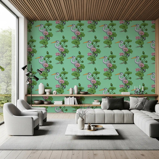 Heron in the Pink Lotus Garden on jade Wallpaper⁠