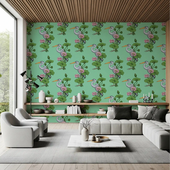 Herons and pink lotus liven a living room in wallpaper GD10890
