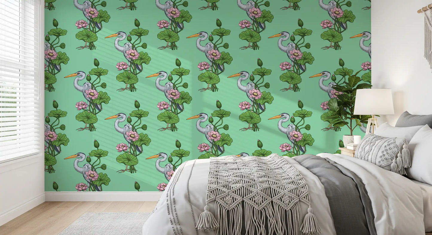 Heron in the Pink Lotus Garden on jade Wallpaper⁠