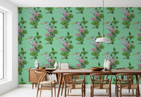 Heron in the Pink Lotus Garden on jade Wallpaper⁠