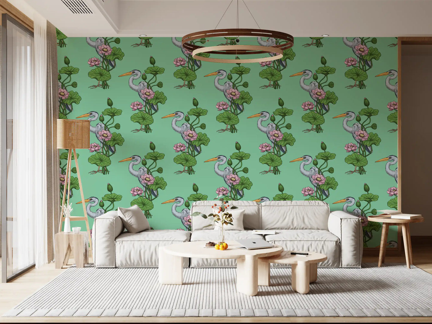 Heron in the Pink Lotus Garden on jade Wallpaper⁠