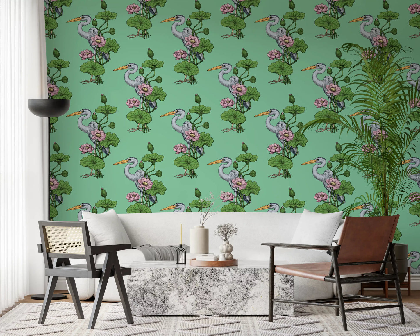 Heron in the Pink Lotus Garden on jade Wallpaper⁠
