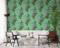 Heron in the Pink Lotus Garden on jade Wallpaper⁠