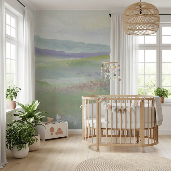 Misty lavender meadows wall mural soothing a nursery with green hills, GD10892
