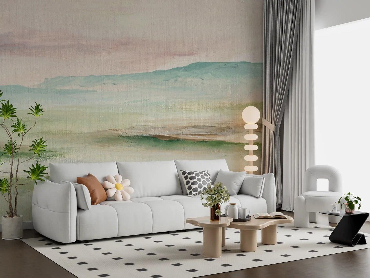 Impressionist Sage and Blush Mountain Mural Wall Mural