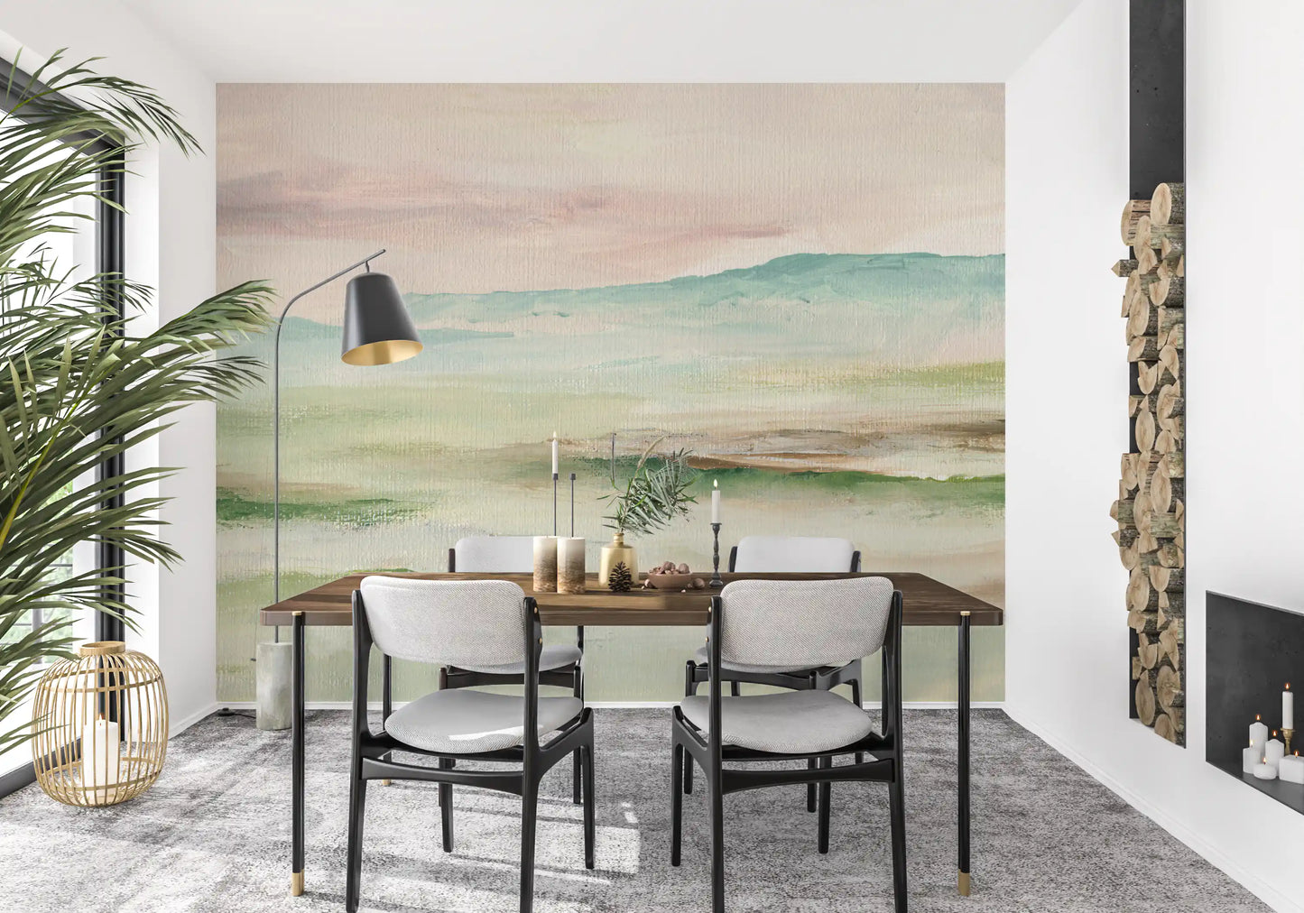 Impressionist Sage and Blush Mountain Mural Wall Mural