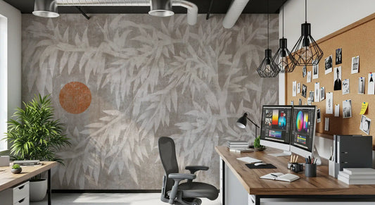 Rustic Japandi Sun and Foliage Wallpaper Wall Mural