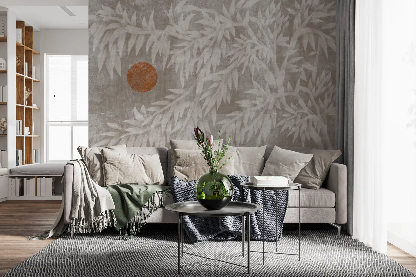 Rustic Japandi Sun and Foliage Wall Mural