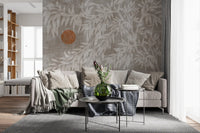 Rustic Japandi Sun and Foliage Wall Mural