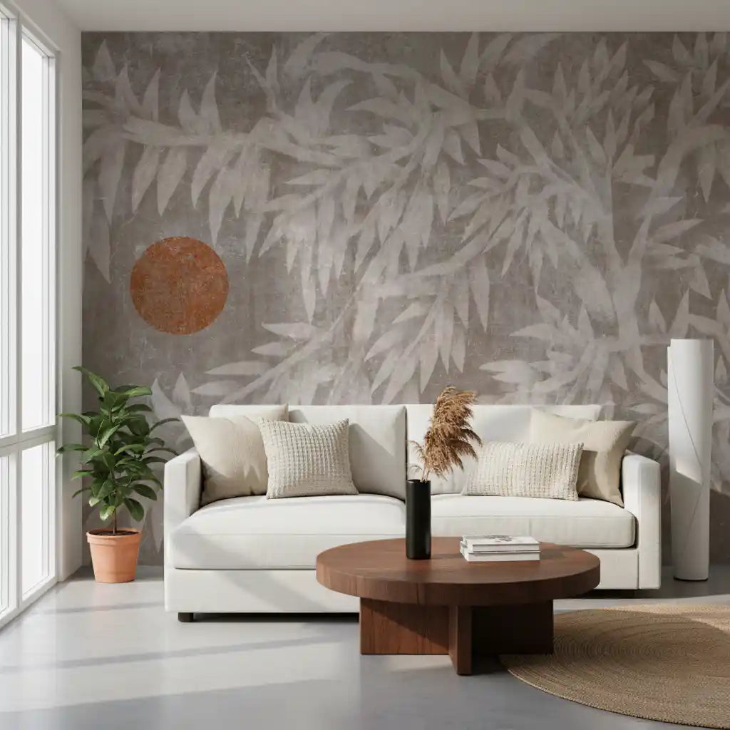 Rustic Japandi Sun and Foliage Wall Mural
