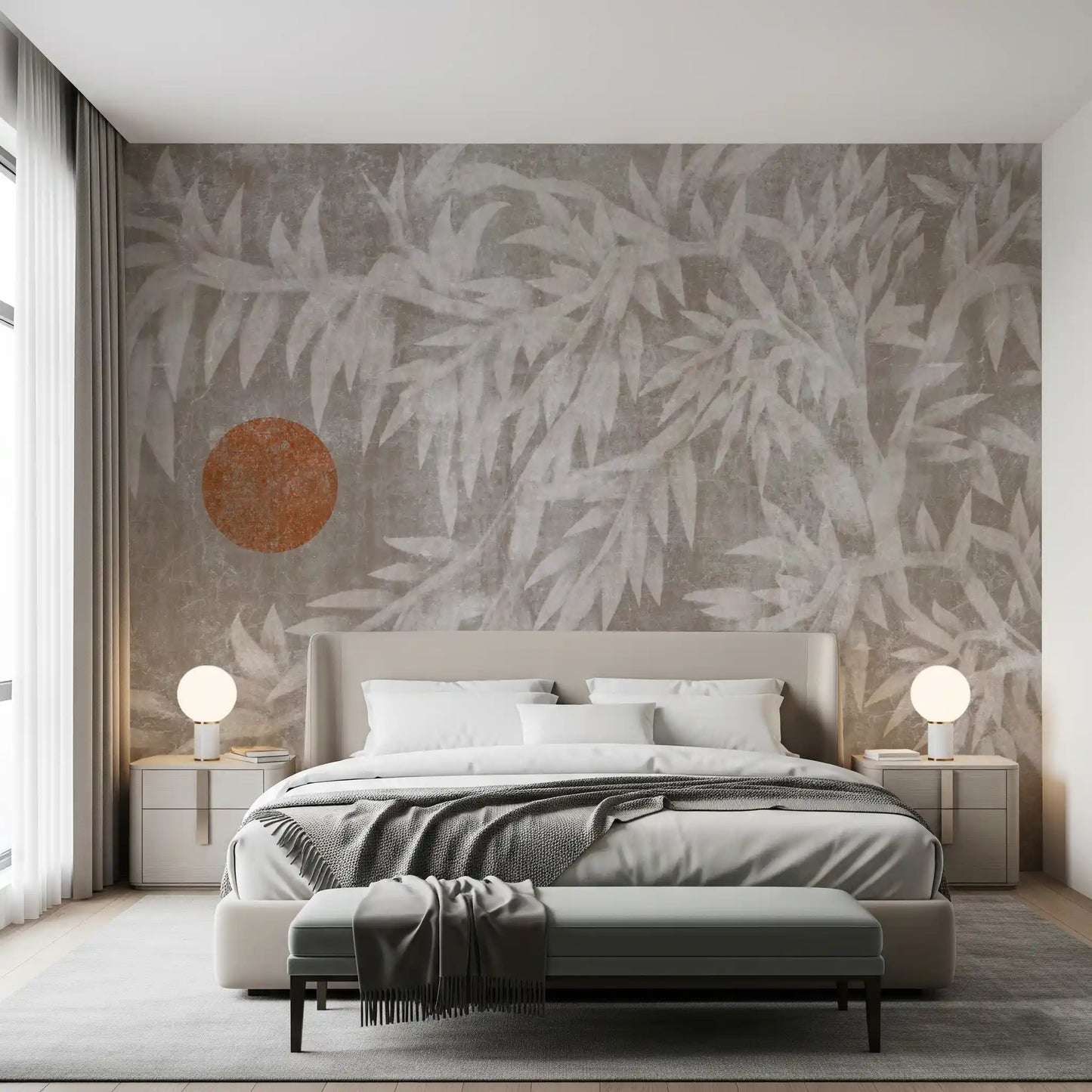 Rustic Japandi Sun and Foliage Wall Mural