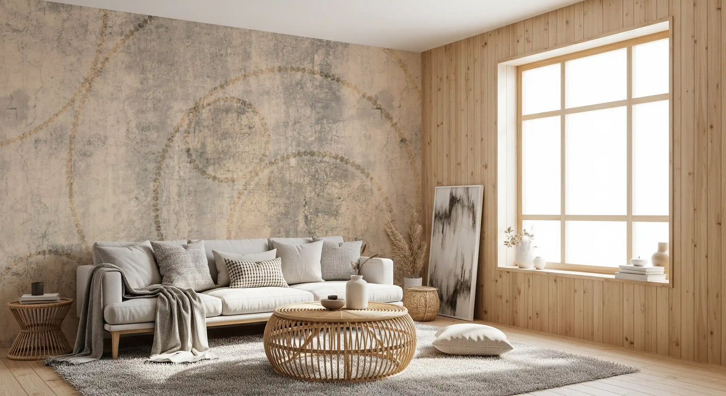 Distressed Concrete and Golden Beaded Circles Wall Mural
