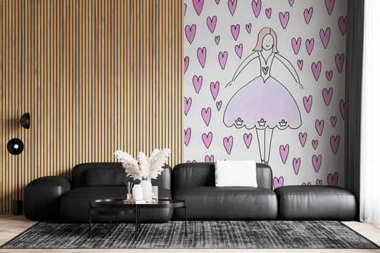 Sweet Ballerina and Pink Hearts Whimsical Wallpaper Wall Mural
