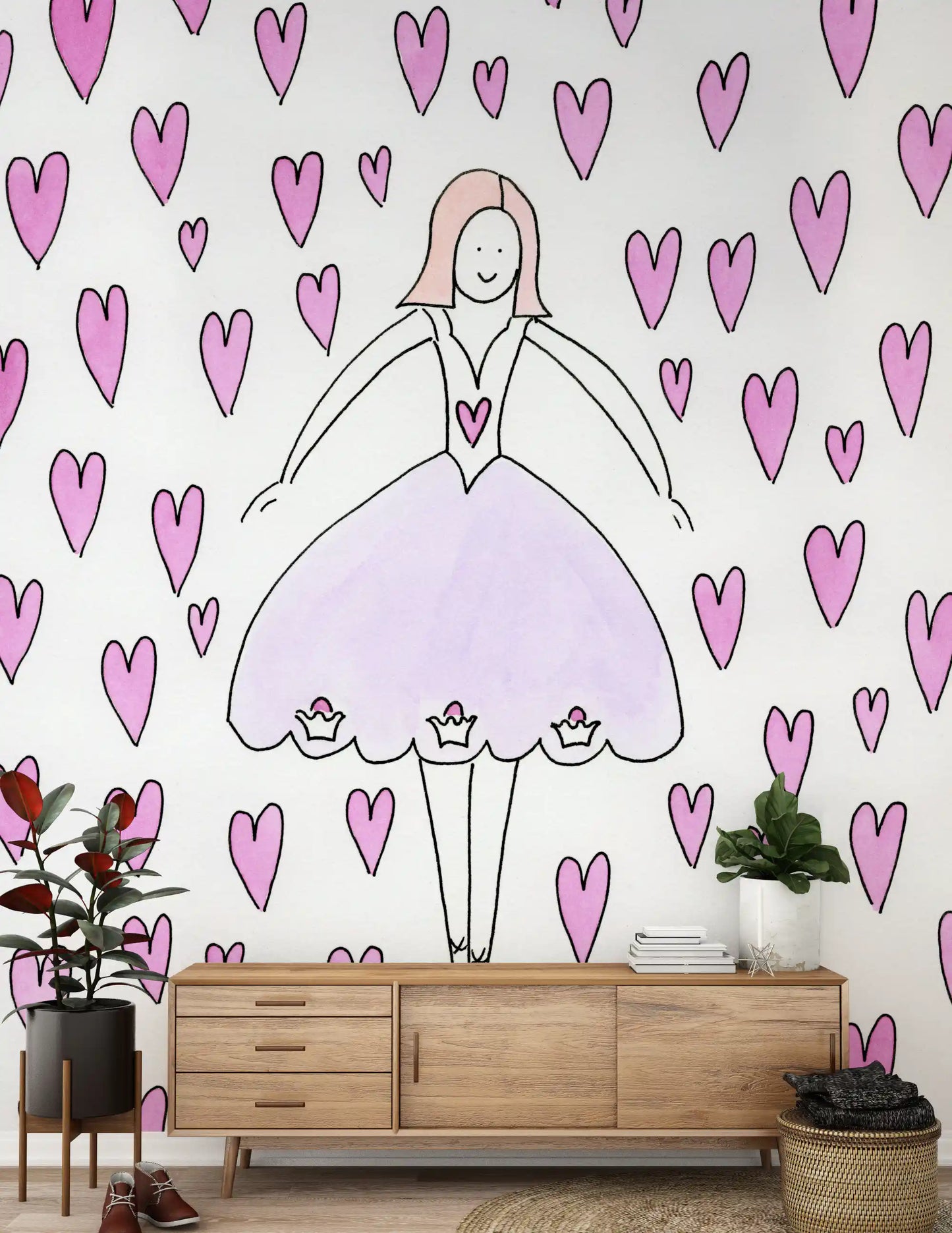 Sweet Ballerina and Pink Hearts Whimsical Wallpaper Wall Mural