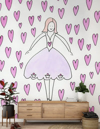 Sweet Ballerina and Pink Hearts Whimsical Wallpaper Wall Mural