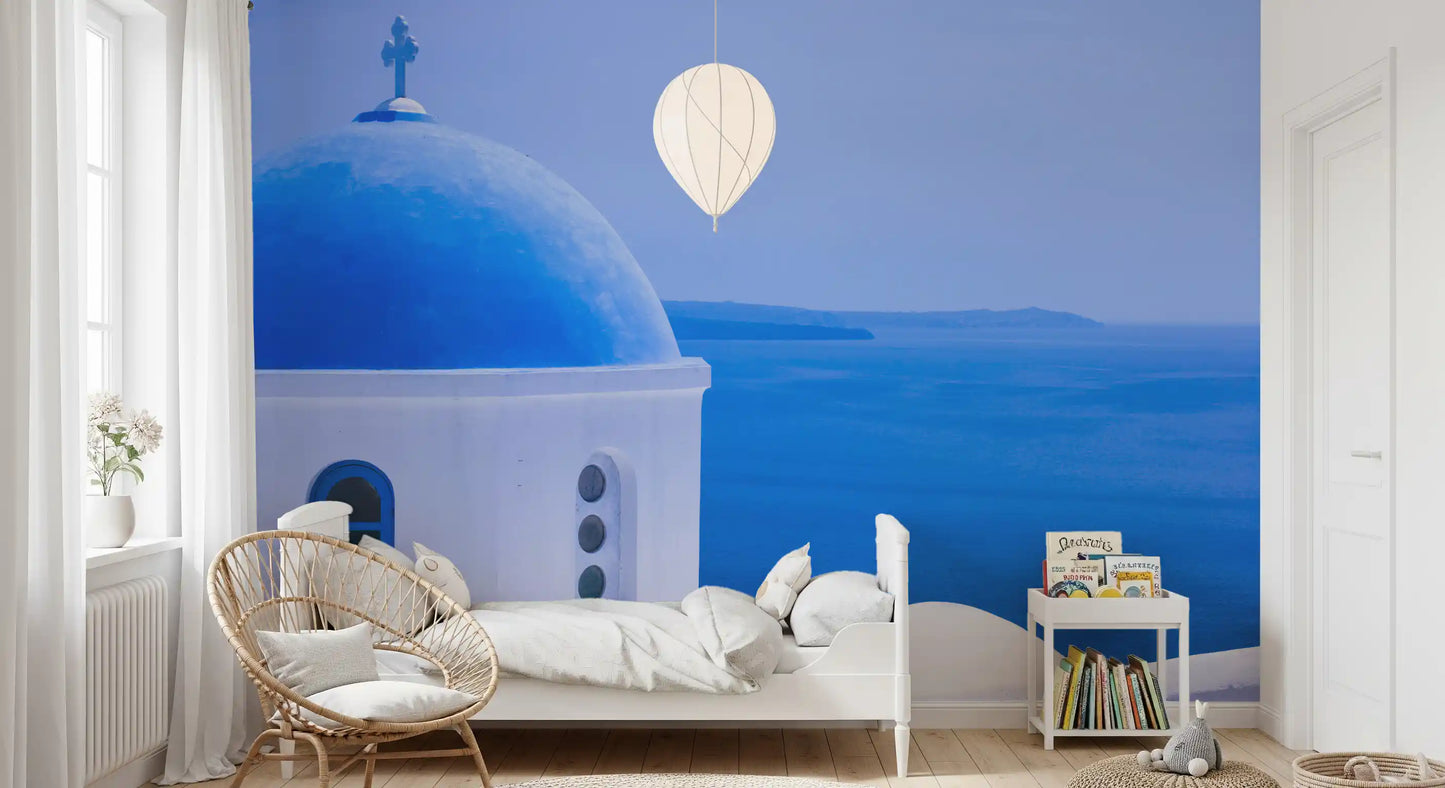 Aegean Serenity: Santorini Blue Dome Wall Mural