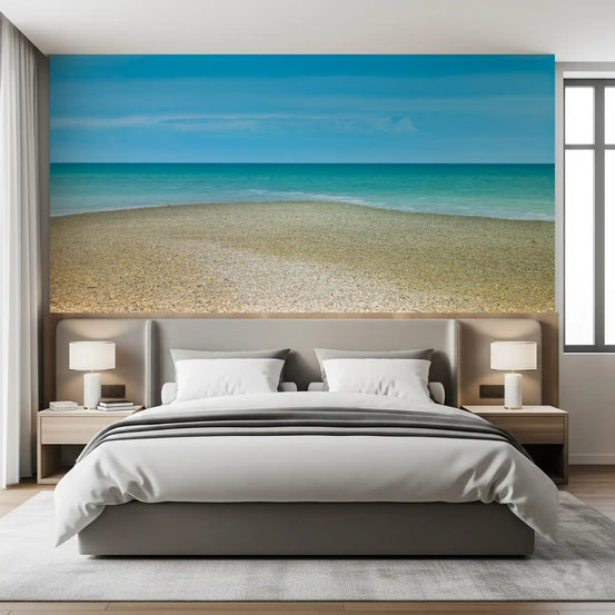 Turquoise sea and pebble shore calm a restful bedroom wall mural GD10910
