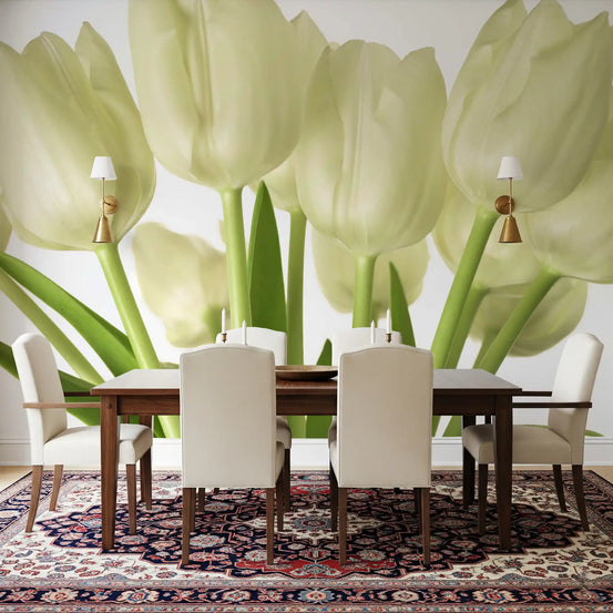 Luminous White Tulips wall mural giving a calm dining room a fresh focus, GD10913
