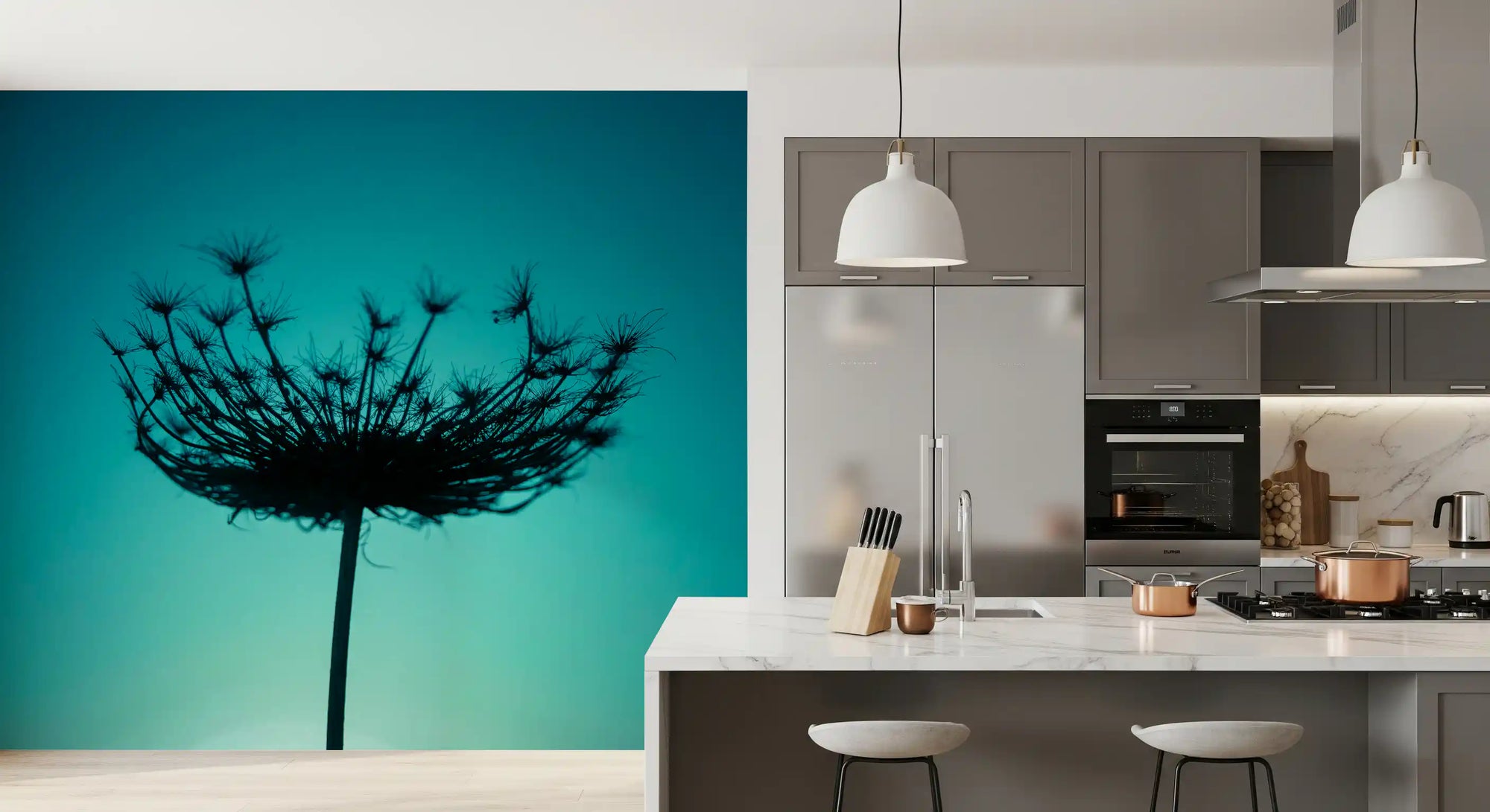 Teal wildflower silhouette fills a modern kitchen-dining room, botanical wall mural GD10918
