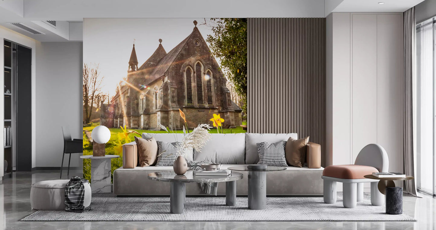 Sunlit Country Church with Spring Daffodils Wall Mural