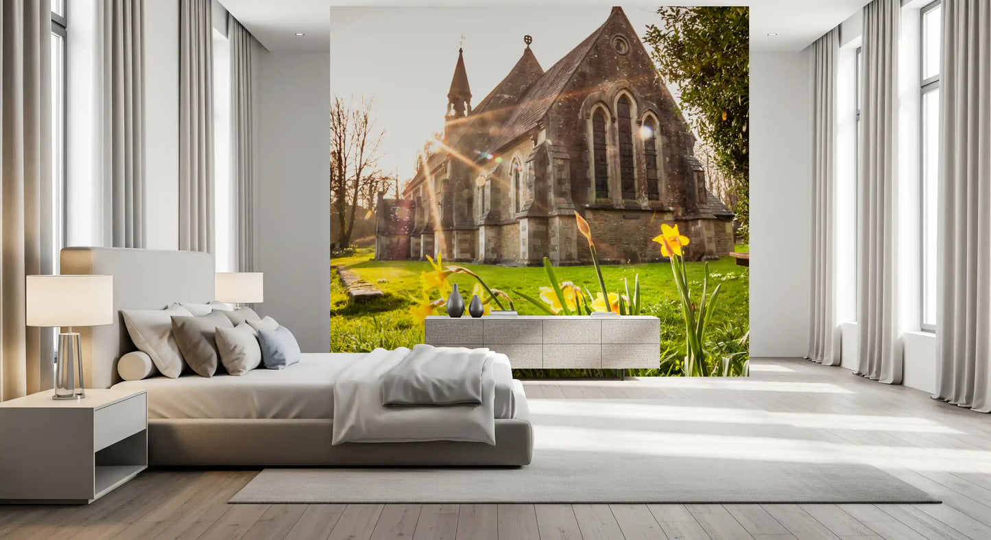 Sunlit Country Church with Spring Daffodils Wall Mural