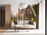Sunlit Country Church with Spring Daffodils Wall Mural