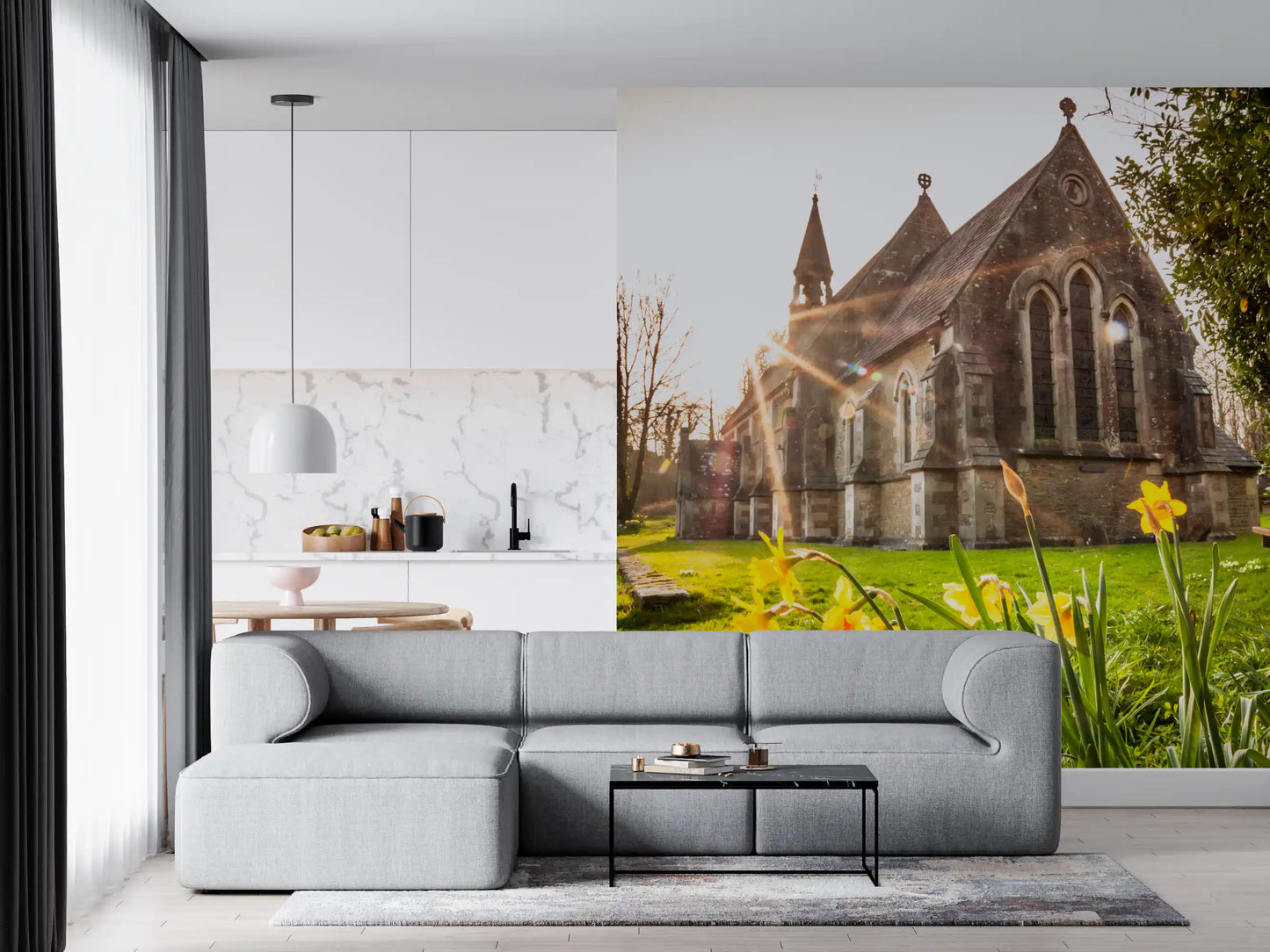 Sunlit Country Church with Spring Daffodils Wall Mural