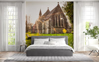Sunlit Country Church with Spring Daffodils Wall Mural