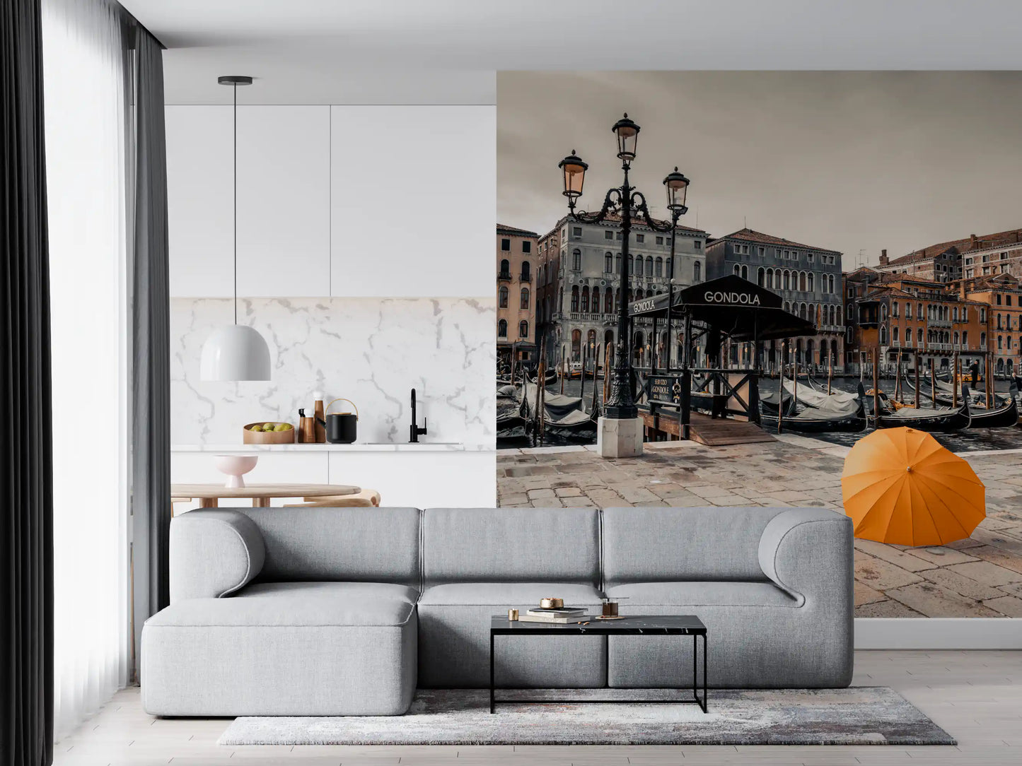 Serene Venice Canal with Orange Umbrella Wall Mural