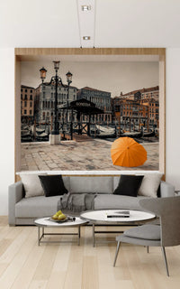 Serene Venice Canal with Orange Umbrella Wall Mural
