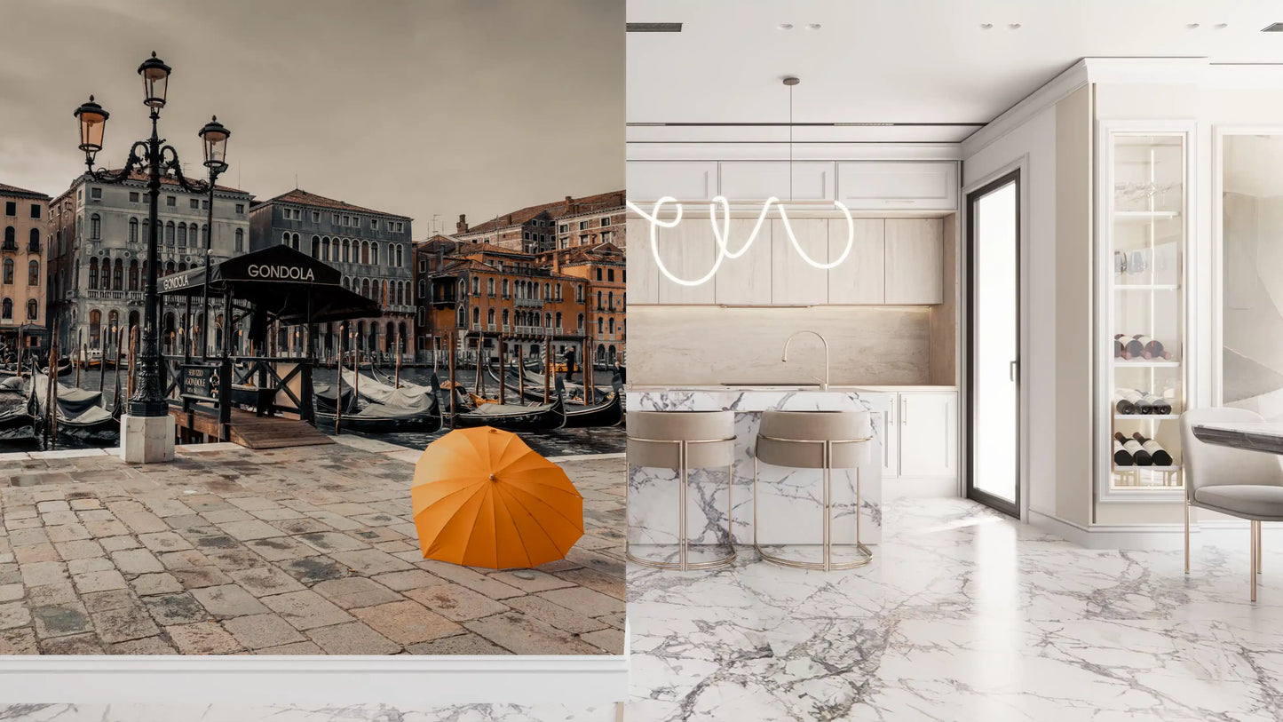 Serene Venice Canal with Orange Umbrella Wall Mural