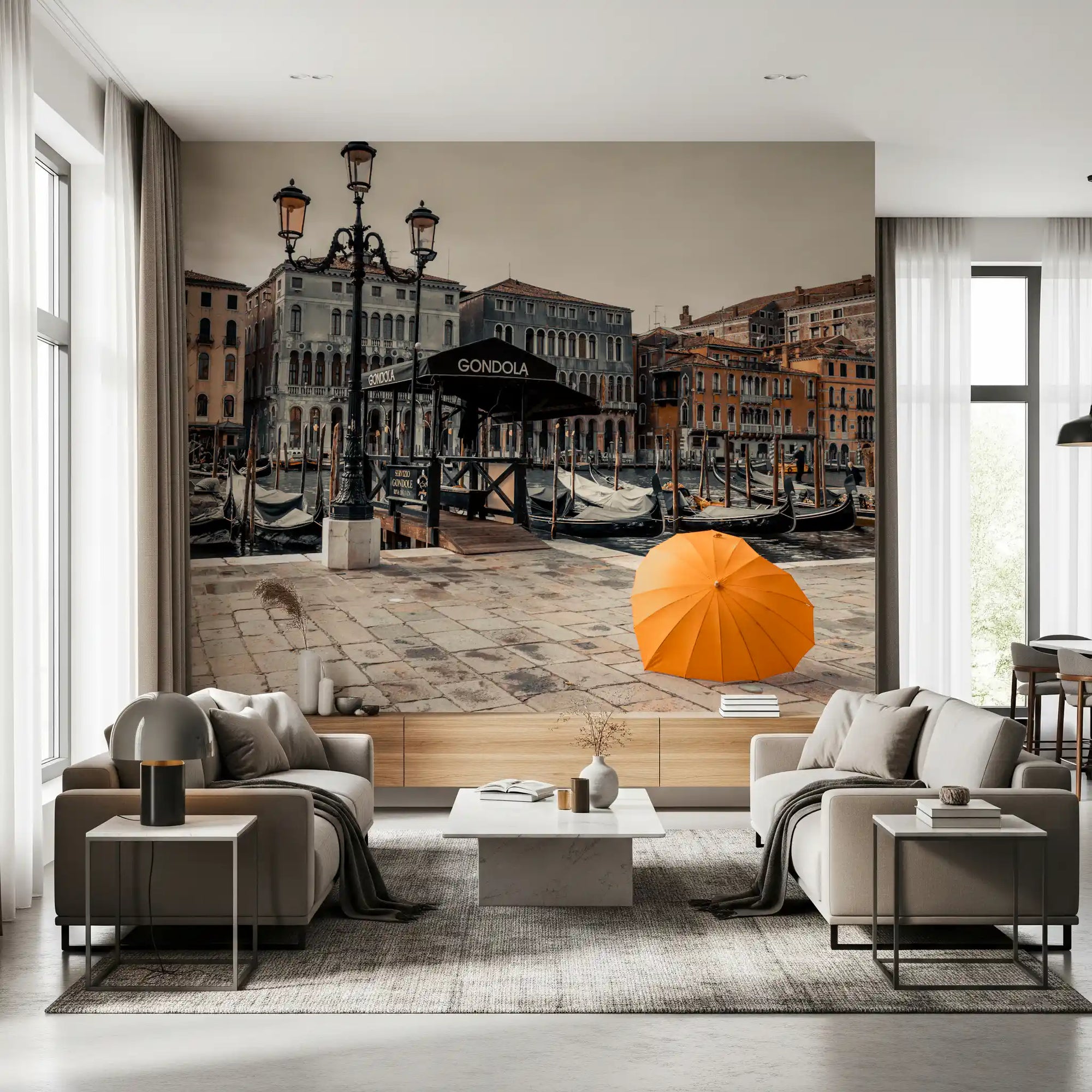 Venice canal and orange umbrella warm a living room wall mural GD10930