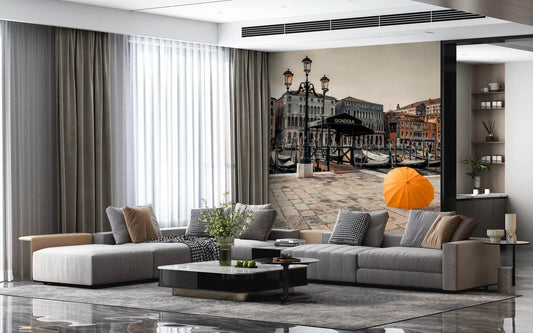 Serene Venice Canal with Orange Umbrella Wall Mural