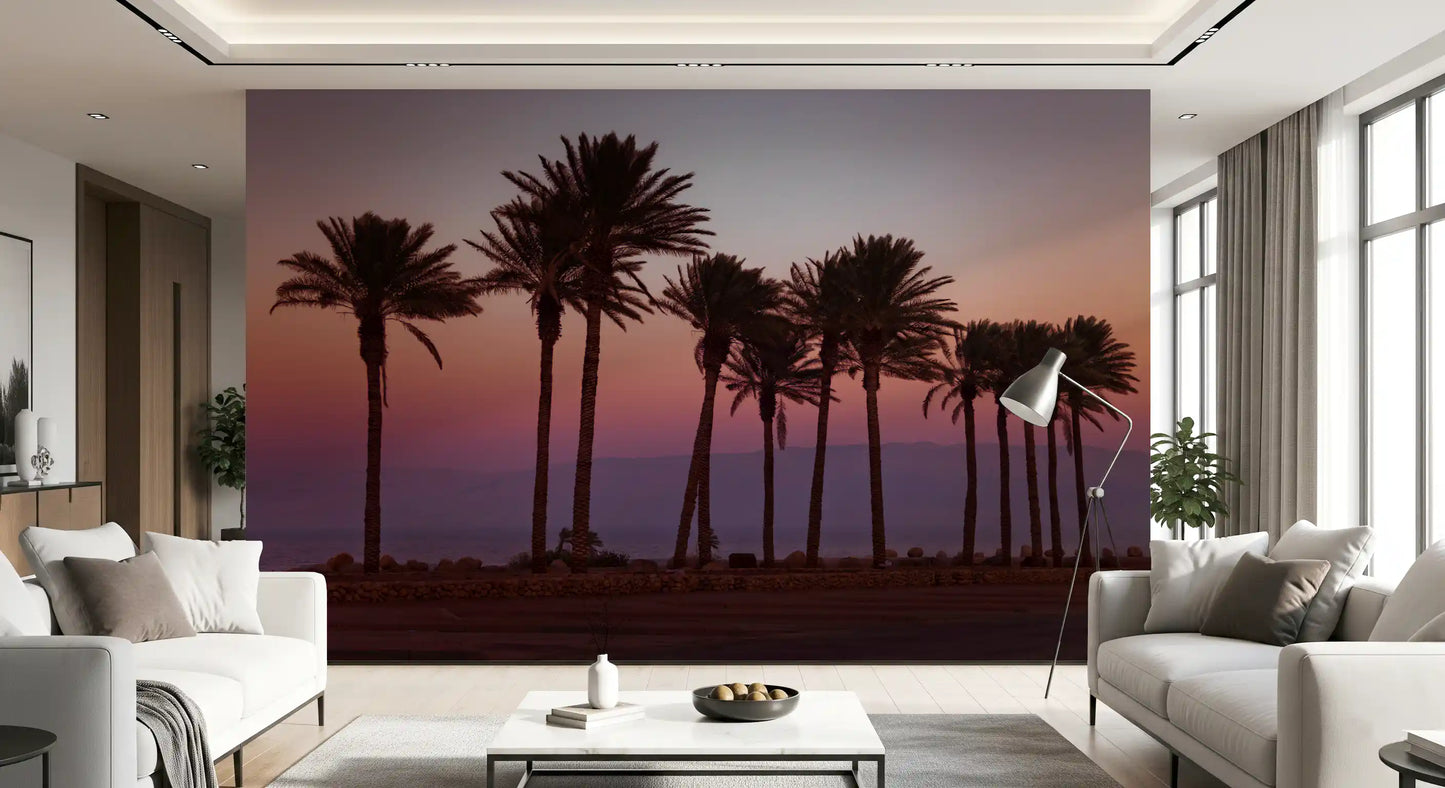 Dusk Palm Silhouettes Over Twilight Sea Wall Mural