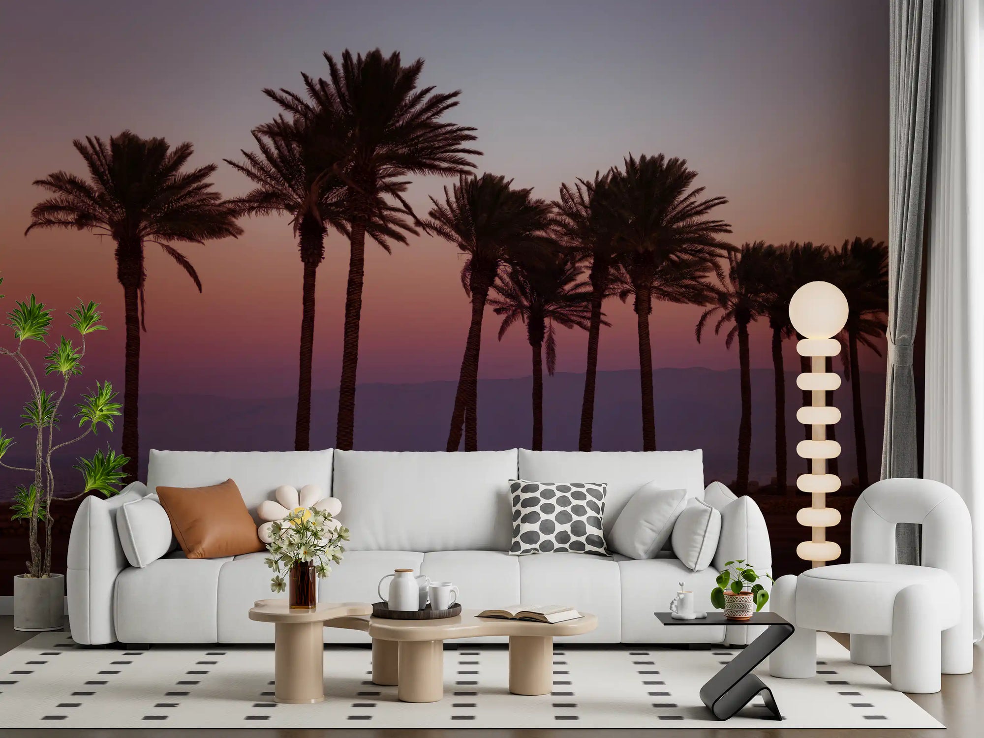 Dusk palm silhouettes warm a calm living room wall mural GD10935
