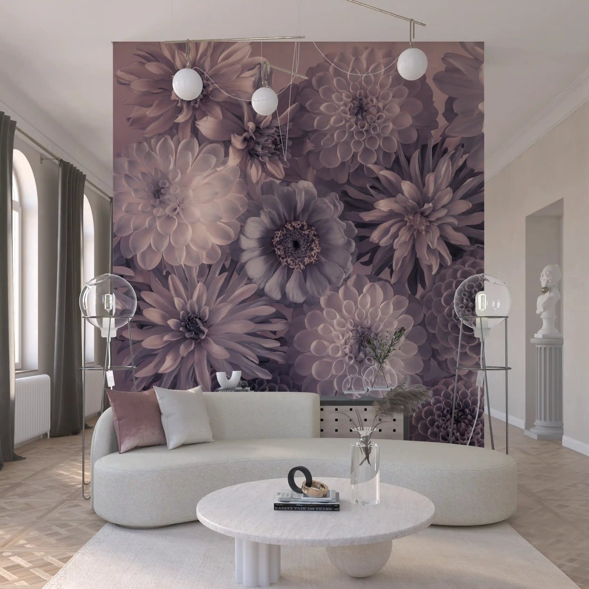 Living room styled with the smoky lavender botanical bouquet wall mural GD10945
