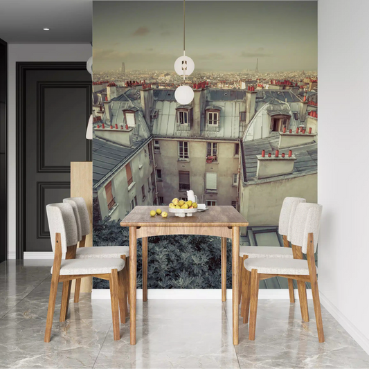 Grey rooftops and hazy sky over a Dining room, Vintage Paris Skyline wall mural GD10949
