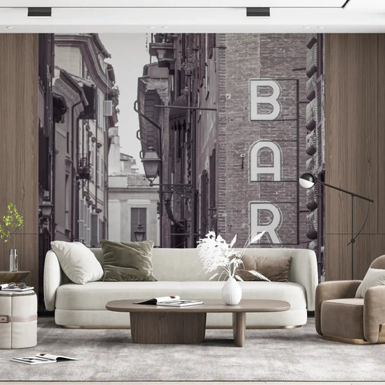 Vintage Neon Sign on Rome Shuttered Street wall mural warms a living room GD10951
