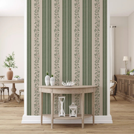 Winding Sage Vine Linen Stripe Wallpaper⁠
