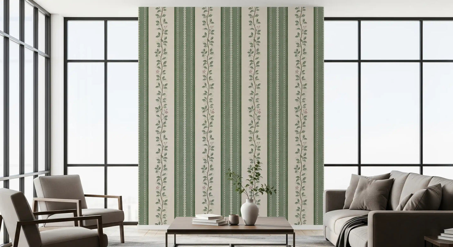 Winding Sage Vine Linen Stripe Wallpaper⁠