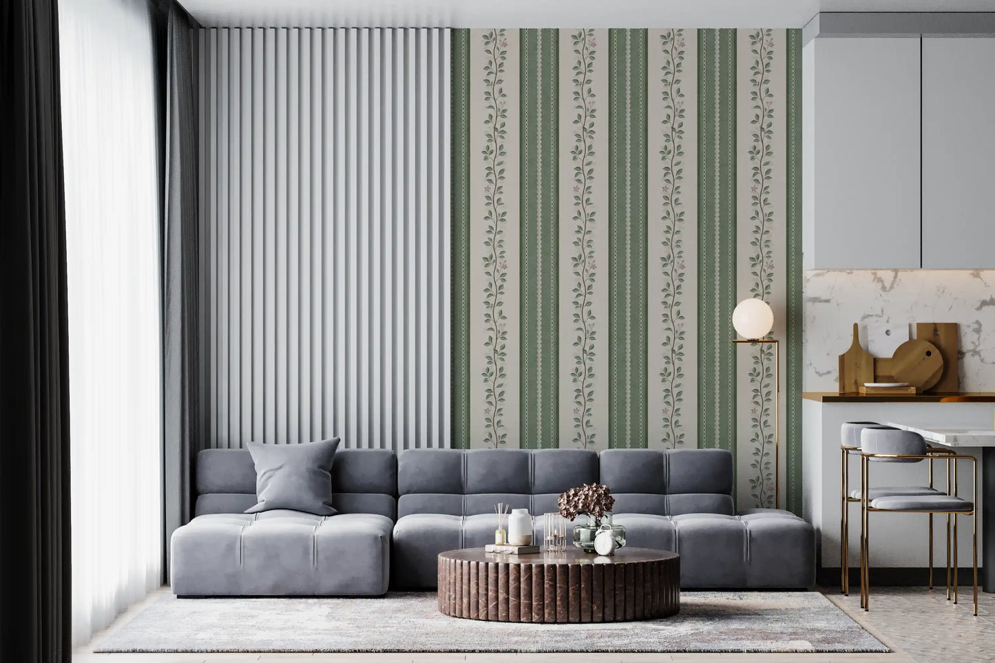 Winding Sage Vine Linen Stripe Wallpaper⁠
