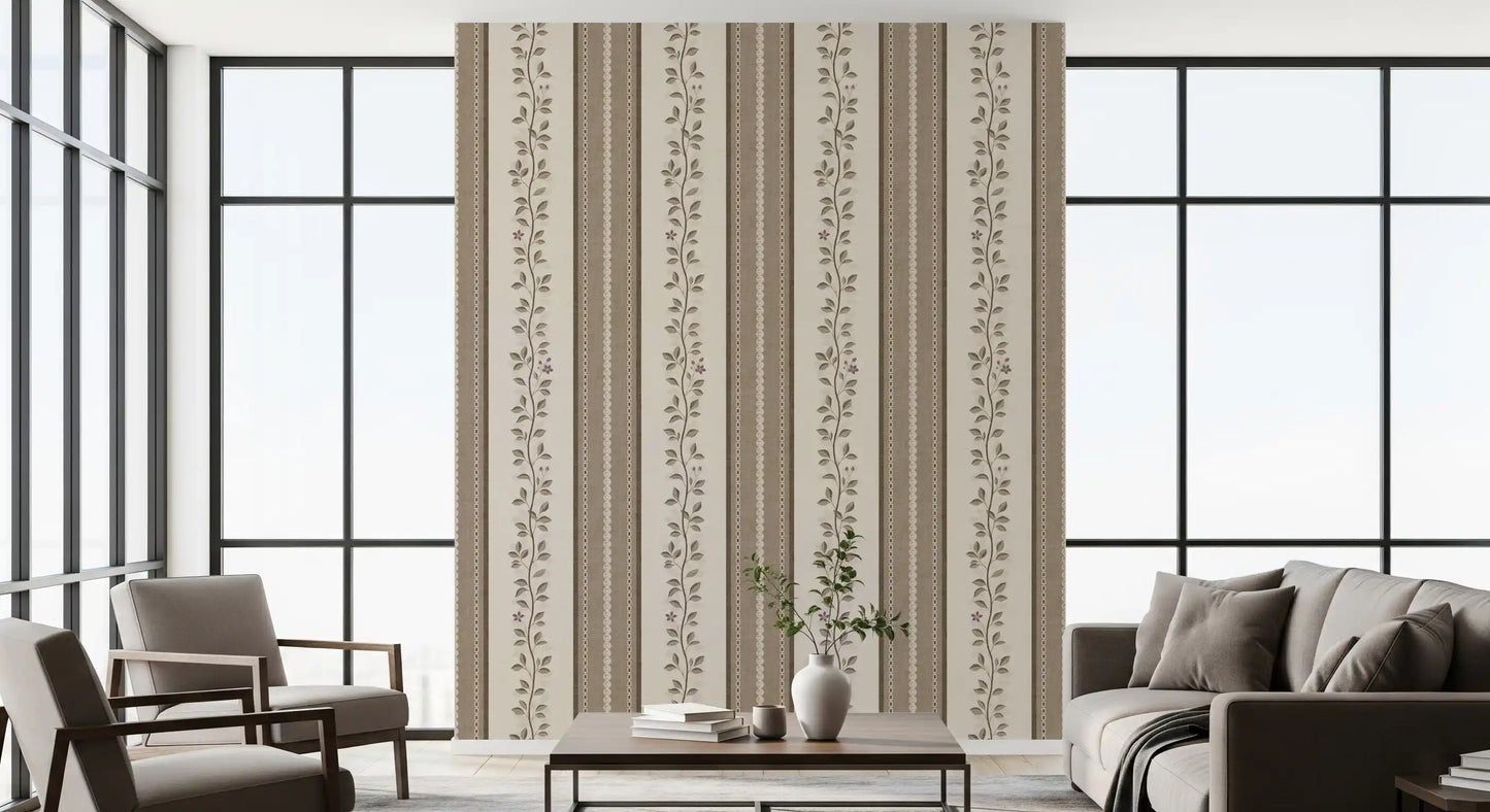 Trailing Vine and Linen Stripe Panel Wallpaper⁠