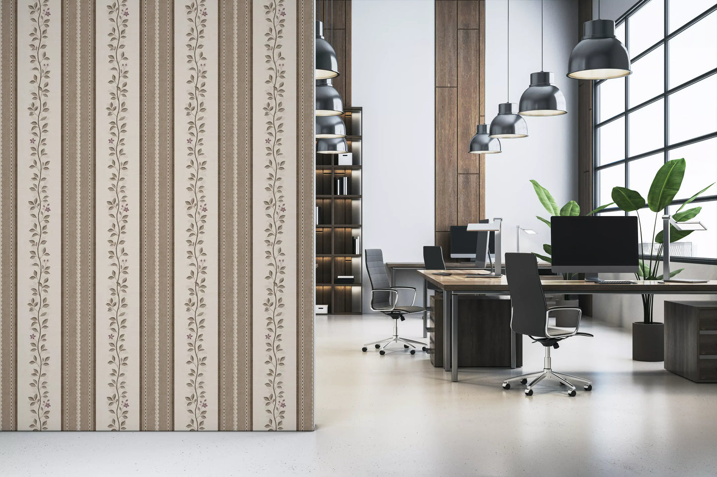 Trailing Vine and Linen Stripe Panel Wallpaper⁠