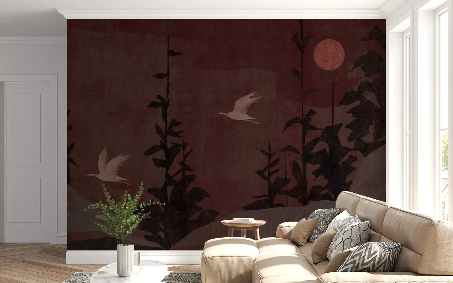 Chinoiserie Nightfall with Soaring Cranes Wall Mural