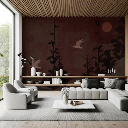 Chinoiserie Nightfall with Soaring Cranes Wall Mural