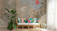 Flying Cranes and Crimson Sun Scenic Wall Mural