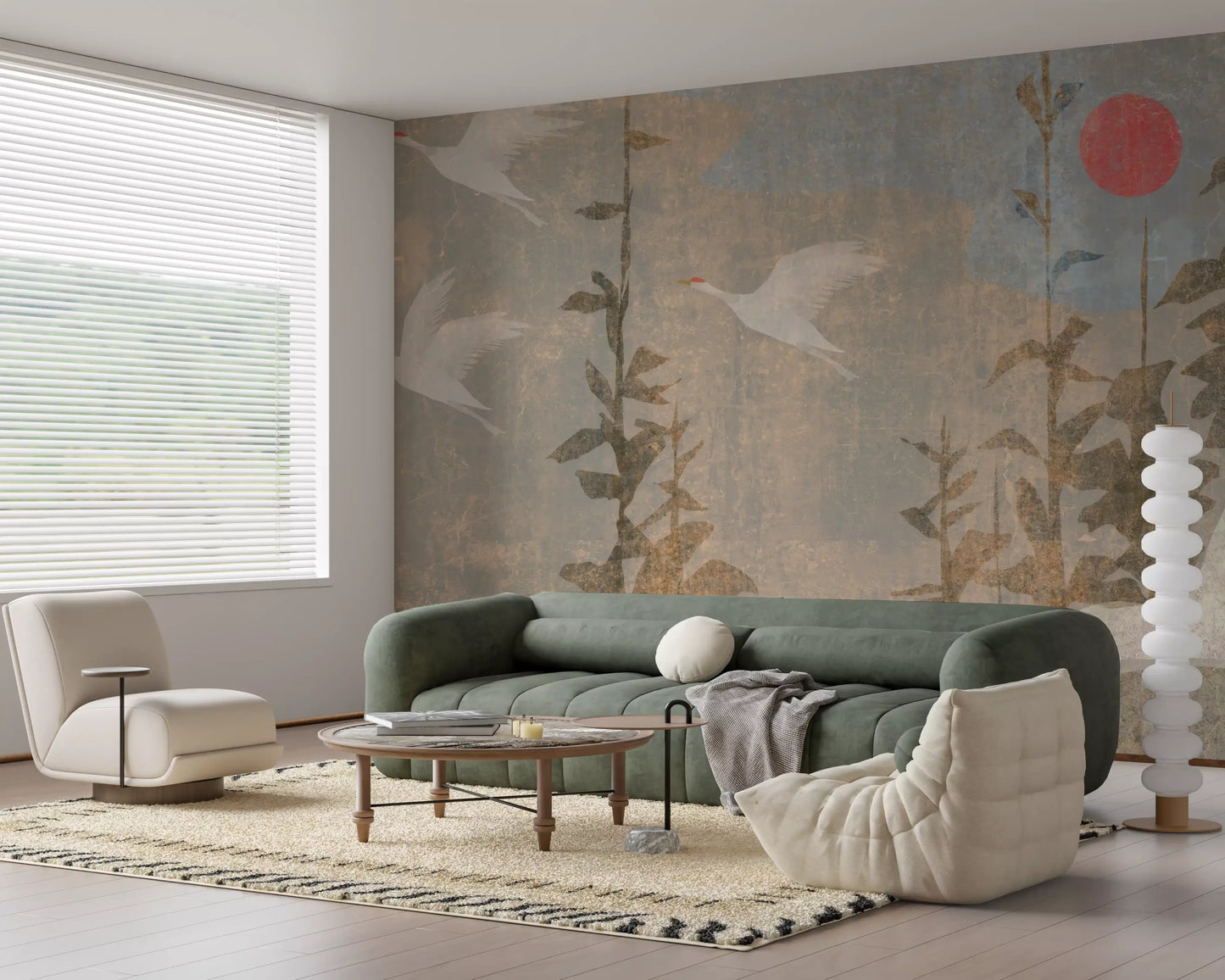 Flying Cranes and Crimson Sun Scenic Wall Mural