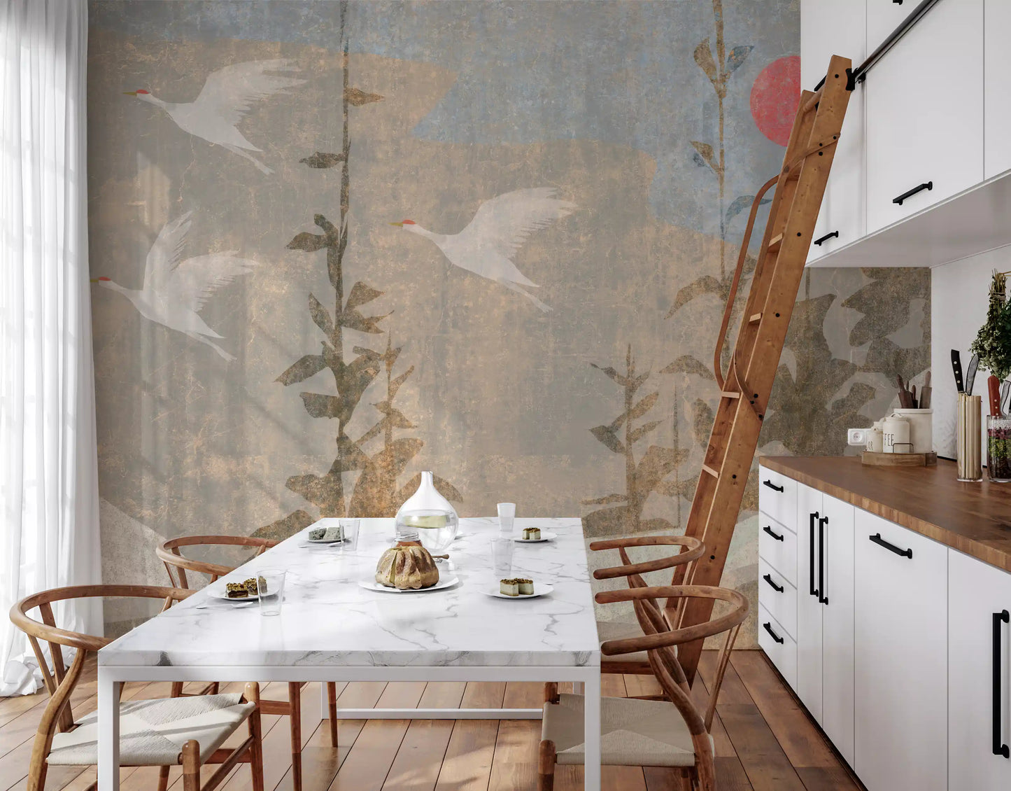 Flying Cranes and Crimson Sun Scenic Wall Mural