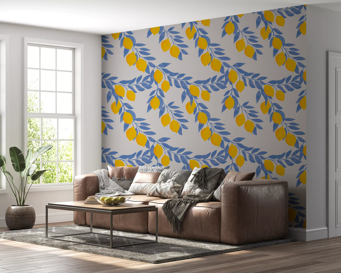 Lemon Branches Blue Leaves Wallpaper⁠
